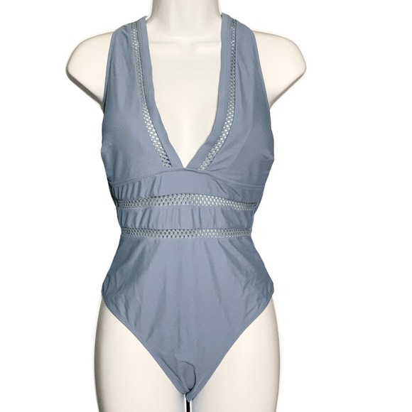 Women's Size Medium One-Piece Swimsuit Dusty Blue Deep V Neck Crisscross Back - Picture 1 of 7